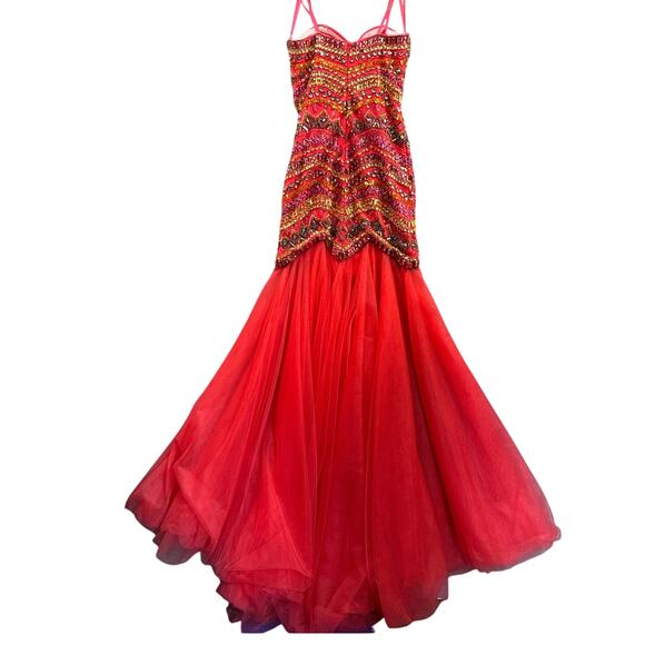 Angela & Alison Watermelon Beaded Strapless Mermaid Prom Formal Dress Women 2 - Picture 2 of 12